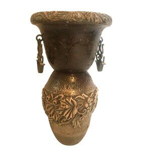 Antique Style Terra Cotta Vase With Ornate Leaf Design & Metal Handles